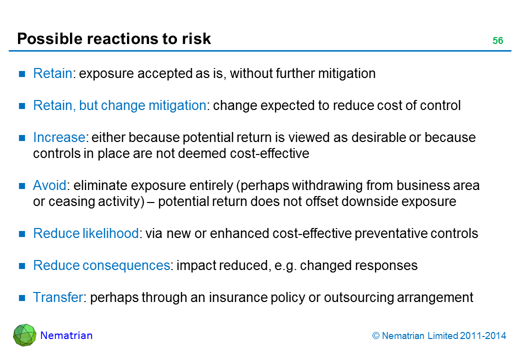 Bullet points include: Retain: exposure accepted as is, without further mitigation Retain, but change mitigation: change expected to reduce cost of control Increase: either because potential return is viewed as desirable or because controls in place are not deemed cost-effective Avoid: eliminate exposure entirely (perhaps withdrawing from business area or ceasing activity) – potential return does not offset downside exposure Reduce likelihood: via new or enhanced cost-effective preventative controls Reduce consequences: impact reduced, e.g. changed responses Transfer: perhaps through an insurance policy or outsourcing arrangement