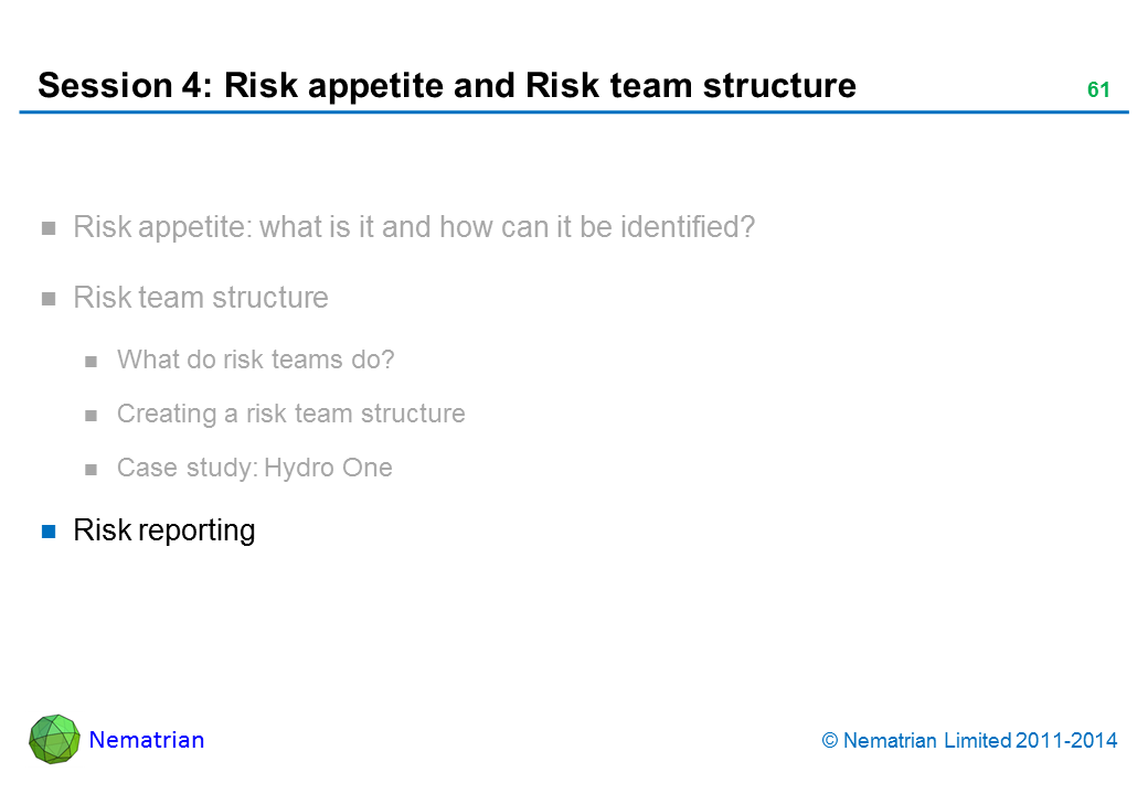 Bullet points include: Risk reporting