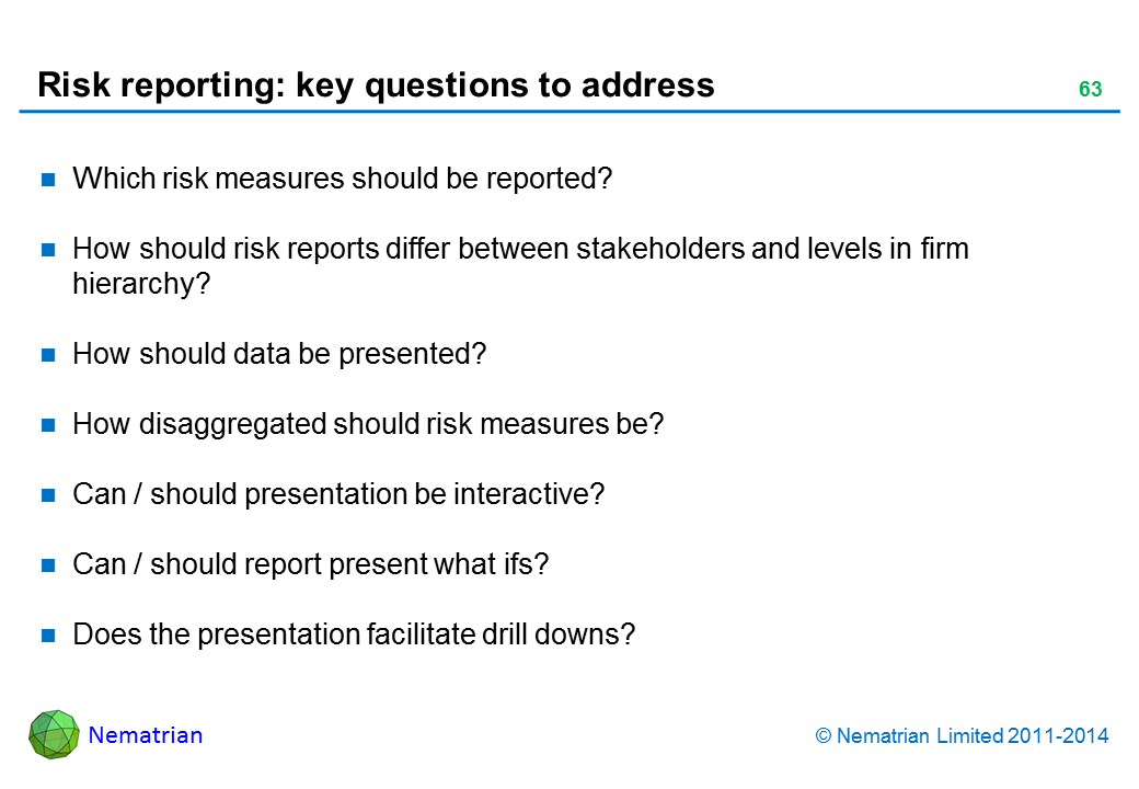 Bullet points include: Which risk measures should be reported? How should risk reports differ between stakeholders and levels in firm hierarchy? How should data be presented? How disaggregated should risk measures be? Can / should presentation be interactive? Can / should report present what ifs? Does the presentation facilitate drill downs?