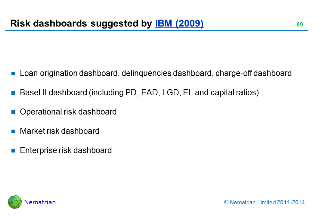 Bullet points include: Loan origination dashboard, delinquencies dashboard, charge-off dashboard Basel II dashboard (including PD, EAD, LGD, EL and capital ratios) Operational risk dashboard Market risk dashboard Enterprise risk dashboard See: http://download.boulder.ibm.com/ibmdl/pub/software/data/sw-library/cognos/pdfs/whitepapers/wp_seven_steps_flawless_bi.pdf