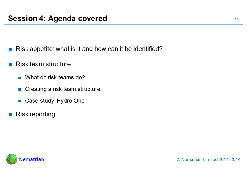 Bullet points include: Risk appetite: what is it and how can it be identified? Risk team structure What do risk teams do? Creating a risk team structure Case study: Hydro One Risk reporting