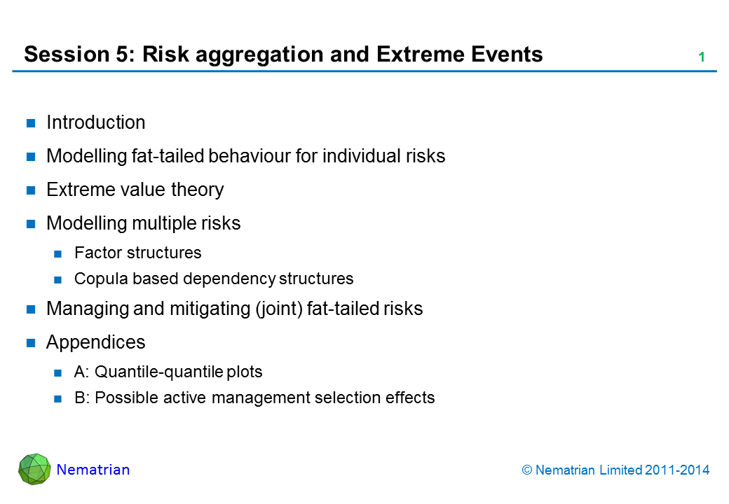 Bullet points include: Introduction Modelling fat-tailed behaviour for individual risks Extreme value theory Modelling multiple risks Factor structures Copula based dependency structures Managing and mitigating (joint) fat-tailed risks Appendices A: Quantile-quantile plots B: Possible active management selection effects
