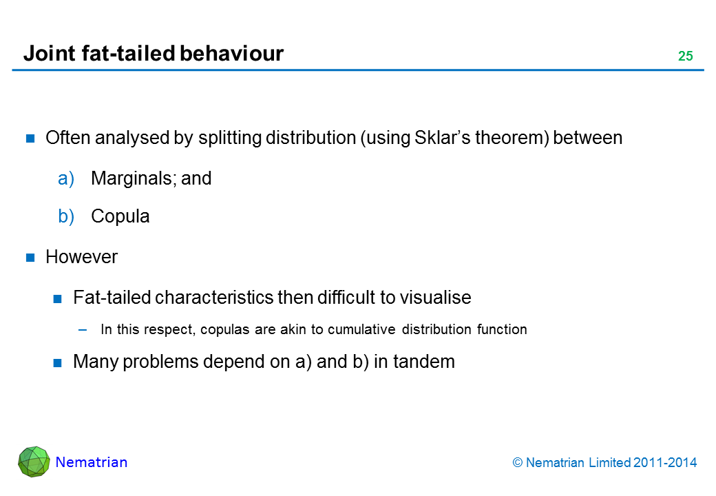 Bullet points include: Often analysed by splitting distribution (using Sklar’s theorem) between Marginals; and Copula However Fat-tailed characteristics then difficult to visualise In this respect, copulas are akin to cumulative distribution function Many problems depend on a) and b) in tandem