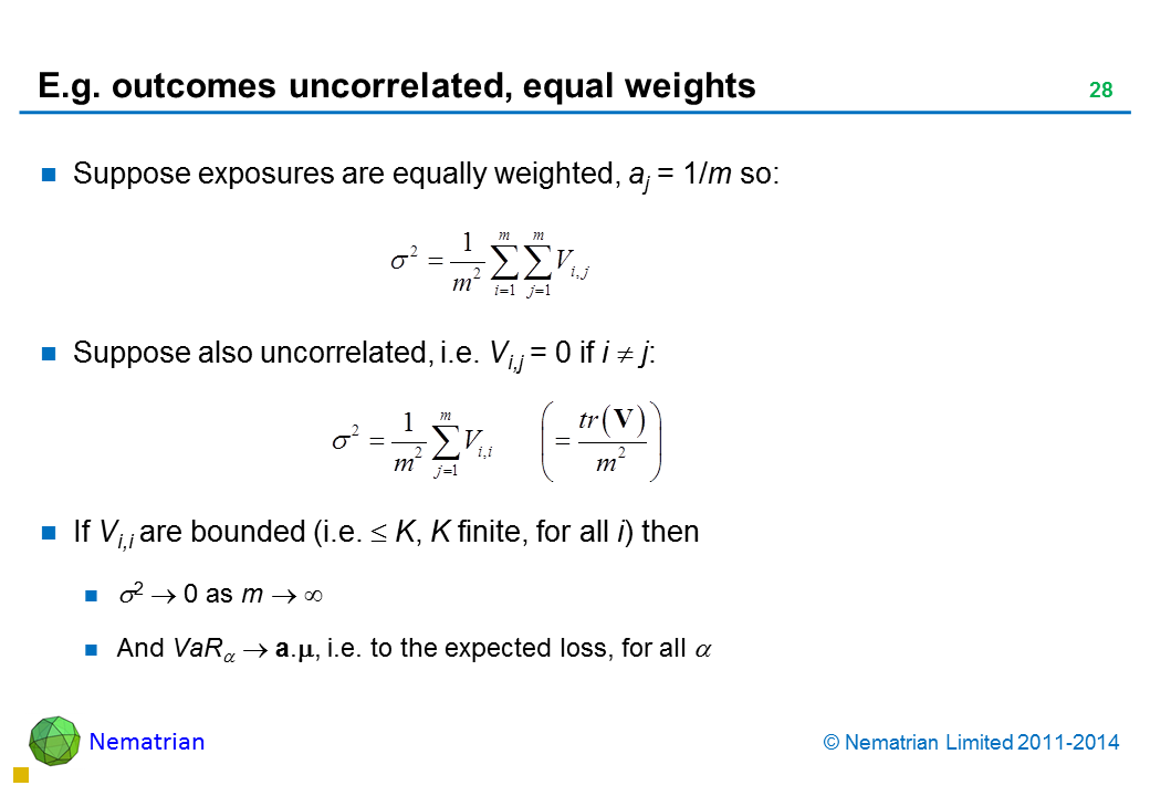 Bullet points include: Suppose exposures are equally weighted, aj = 1/m so:  Suppose also uncorrelated, i.e. Vi,j = 0 if i  j: If Vi,i are bounded (i.e. K, K finite, for all i) then as m And VaR a., i.e. to the expected loss, for all 