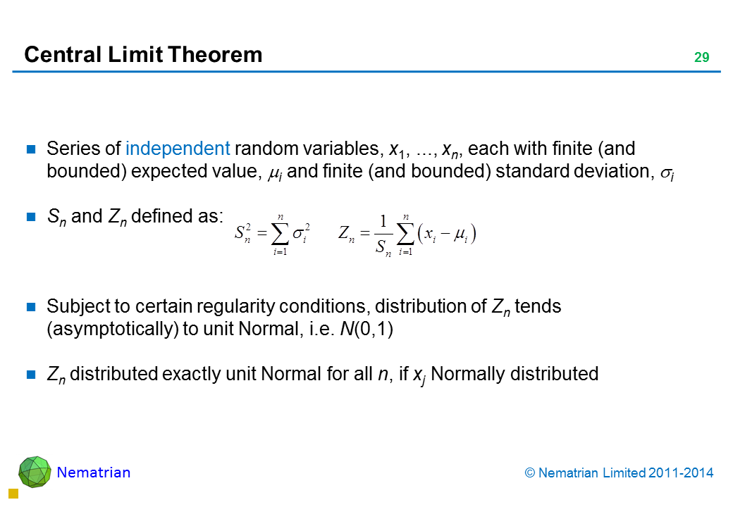 Bullet points include: Series of independent random variables, x1, ..., xn, each with finite (and bounded) expected value, i and finite (and bounded) standard deviation, i Sn and Zn defined as: Subject to certain regularity conditions, distribution of Zn tends (asymptotically) to unit Normal, i.e. N(0,1) Zn distributed exactly unit Normal for all n, if xj Normally distributed