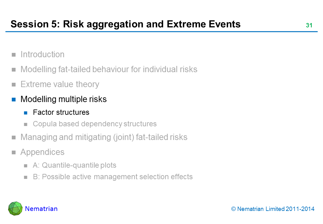 Bullet points include: Modelling multiple risks Factor structures