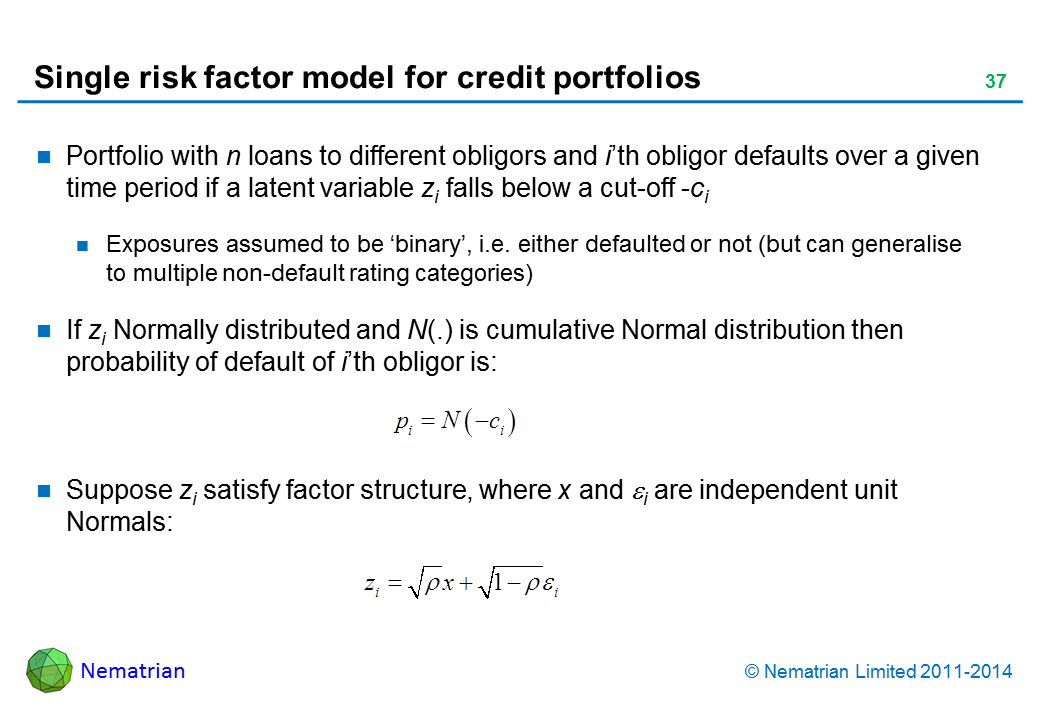 Bullet points include: Portfolio with n loans to different obligors and i’th obligor defaults over a given time period if a latent variable zi falls below a cut-off -ci Exposures assumed to be ‘binary’, i.e. either defaulted or not (but can generalise to multiple non-default rating categories) If zi Normally distributed and N(.) is cumulative Normal distribution then probability of default of i’th obligor is: Suppose zi satisfy factor structure, where x and i are independent unit Normals: