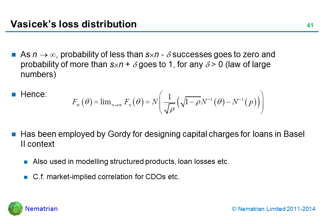 Bullet points include: As n , probability of less than s n - = successes goes to zero and probability of more than s n +   goes to 1, for any  > 0 (law of large numbers) Hence: Has been employed by Gordy for designing capital charges for loans in Basel II context Also used in modelling structured products, loan losses etc. C.f. market-implied correlation for CDOs etc.