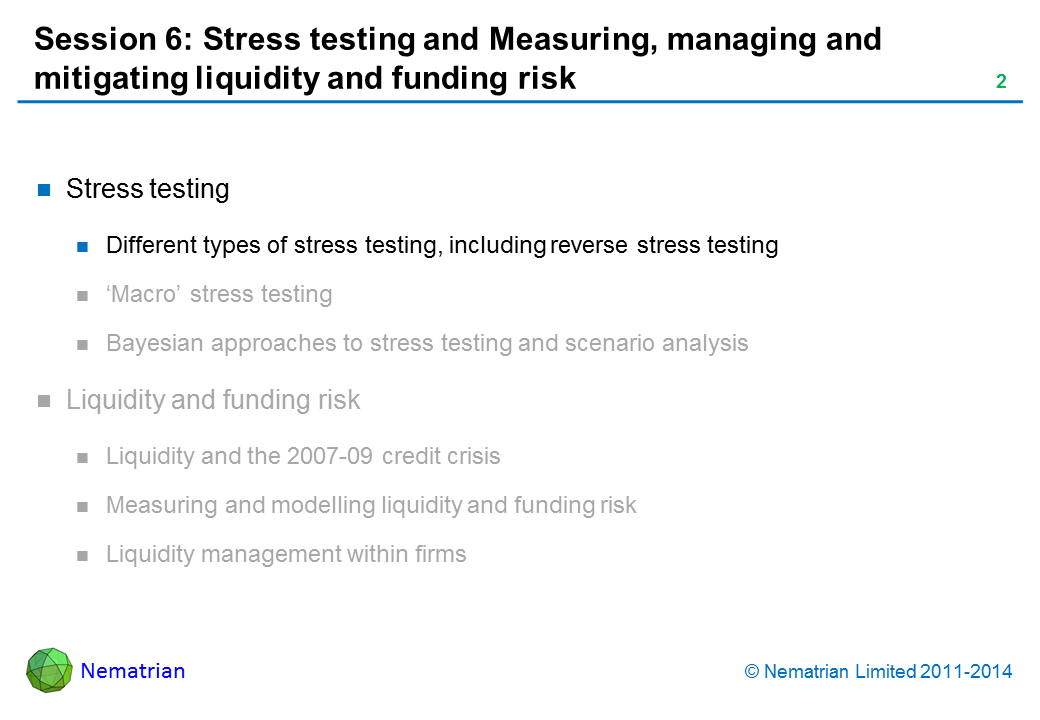 Bullet points include: Stress testing Different types of stress testing, including reverse stress testing