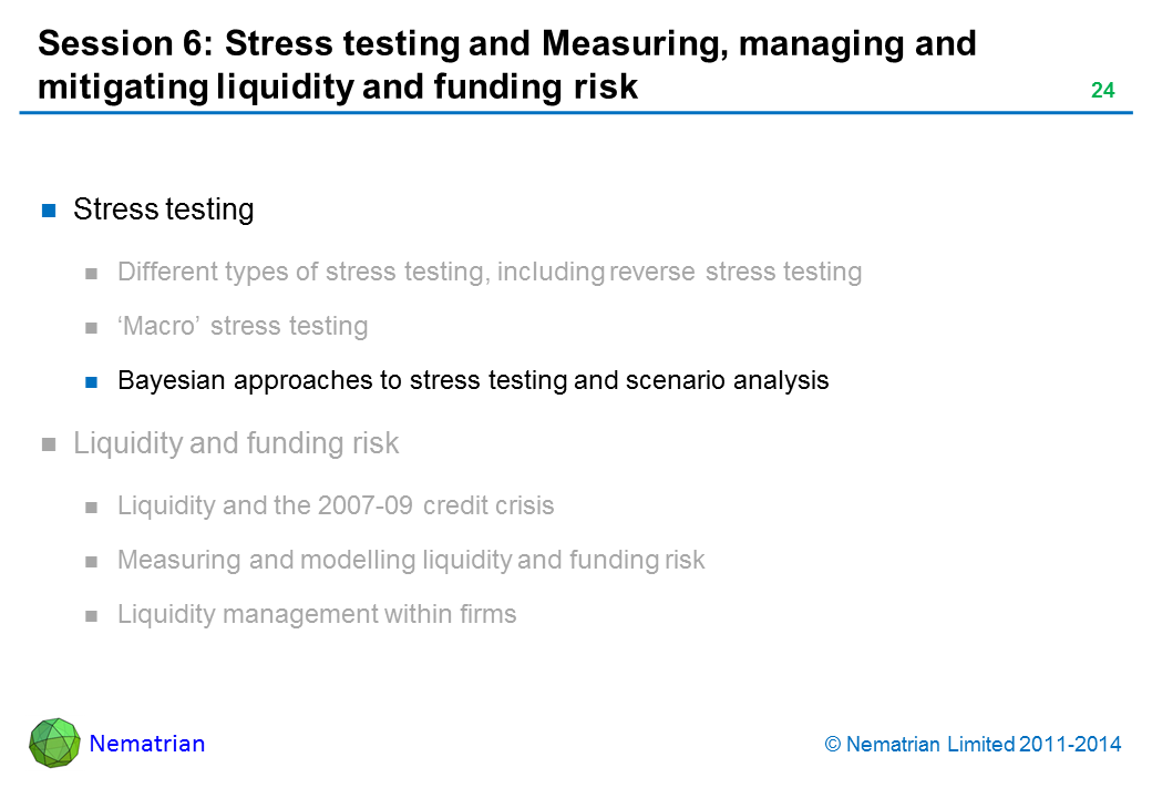 Bullet points include: Stress testing Bayesian approaches to stress testing and scenario analysis