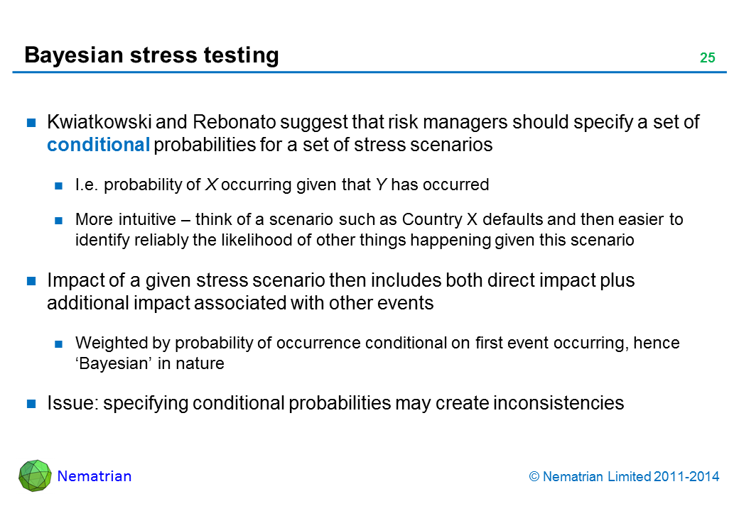 Bullet points include: Kwiatkowski and Rebonato suggest that risk managers should specify a set of conditional probabilities for a set of stress scenarios I.e. probability of X occurring given that Y has occurred More intuitive – think of a scenario such as Country X defaults and then easier to identify reliably the likelihood of other things happening given this scenario Impact of a given stress scenario then includes both direct impact plus additional impact associated with other events Weighted by probability of occurrence conditional on first event occurring, hence ‘Bayesian’ in nature Issue: specifying conditional probabilities may create inconsistencies