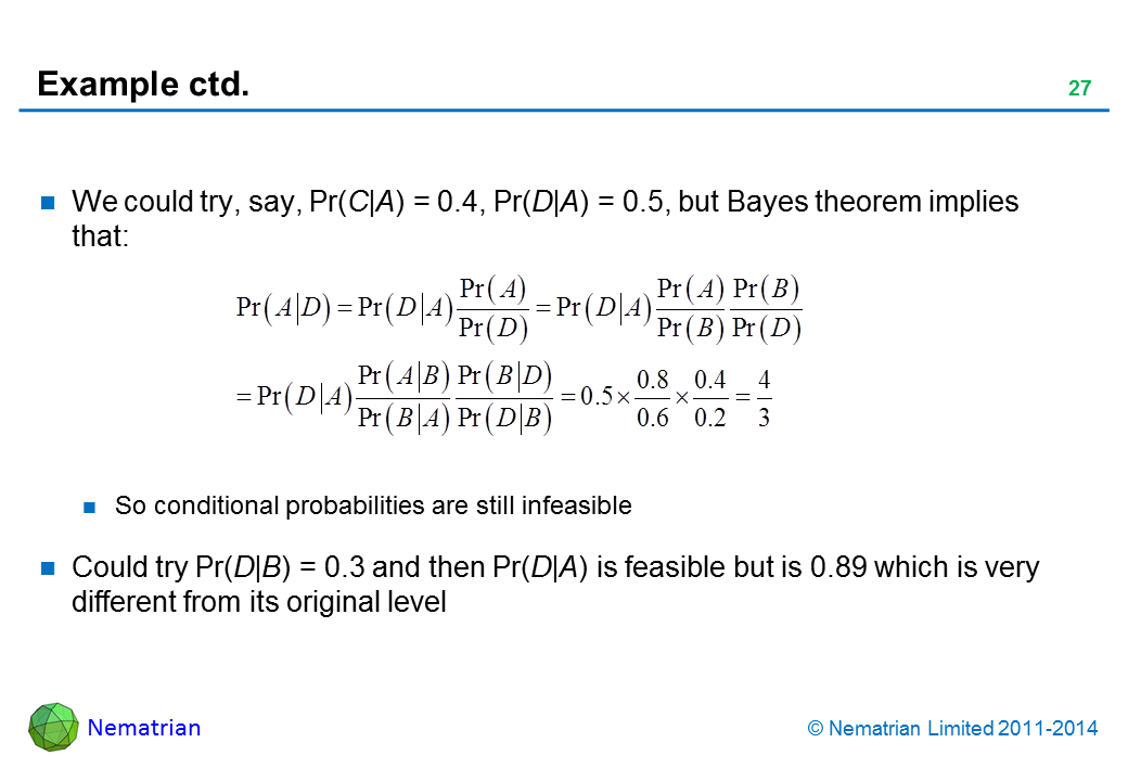 Bullet points include: We could try, say, Pr(C|A) = 0.4, Pr(D|A) = 0.5, but Bayes theorem implies that: So conditional probabilities are still infeasible Could try Pr(D|B) = 0.3 and then Pr(D|A) is feasible but is 0.89 which is very different from its original level