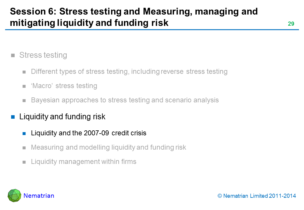 Bullet points include: Liquidity and funding risk Liquidity and the 2007-09 credit crisis