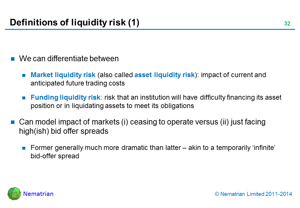 Bullet points include: We can differentiate between Market liquidity risk (also called asset liquidity risk): impact of current and anticipated future trading costs Funding liquidity risk: risk that an institution will have difficulty financing its asset position or in liquidating assets to meet its obligations Can model impact of markets (i) ceasing to operate versus (ii) just facing high(ish) bid offer spreads Former generally much more dramatic than latter – akin to a temporarily ‘infinite’ bid-offer spread