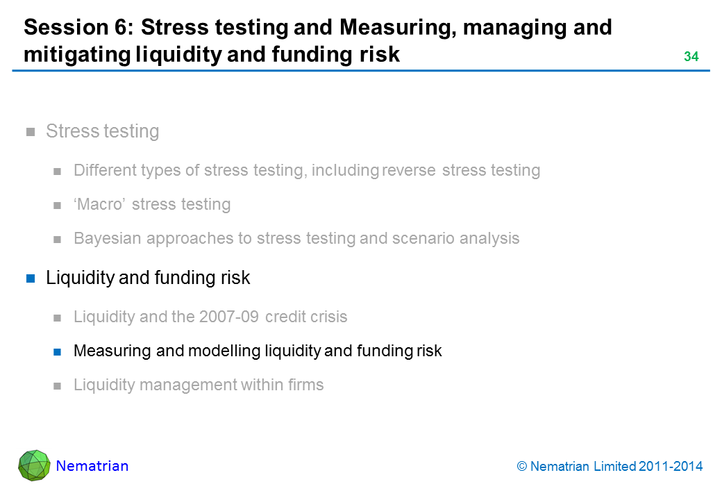 Bullet points include: Liquidity and funding risk Measuring and modelling liquidity and funding risk