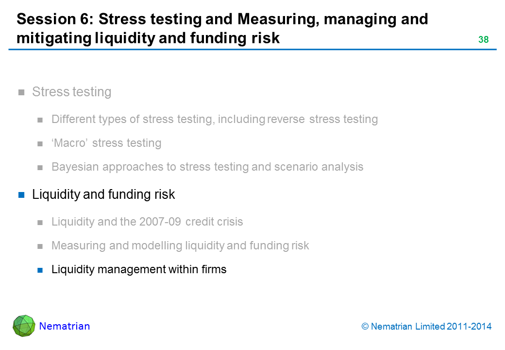 Bullet points include: Liquidity and funding risk Liquidity management within firms