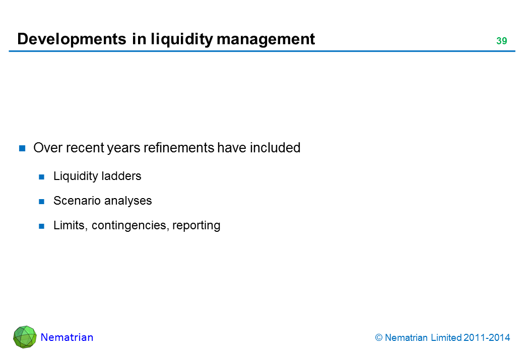 Bullet points include: Over recent years refinements have included Liquidity ladders Scenario analyses Limits, contingencies, reporting