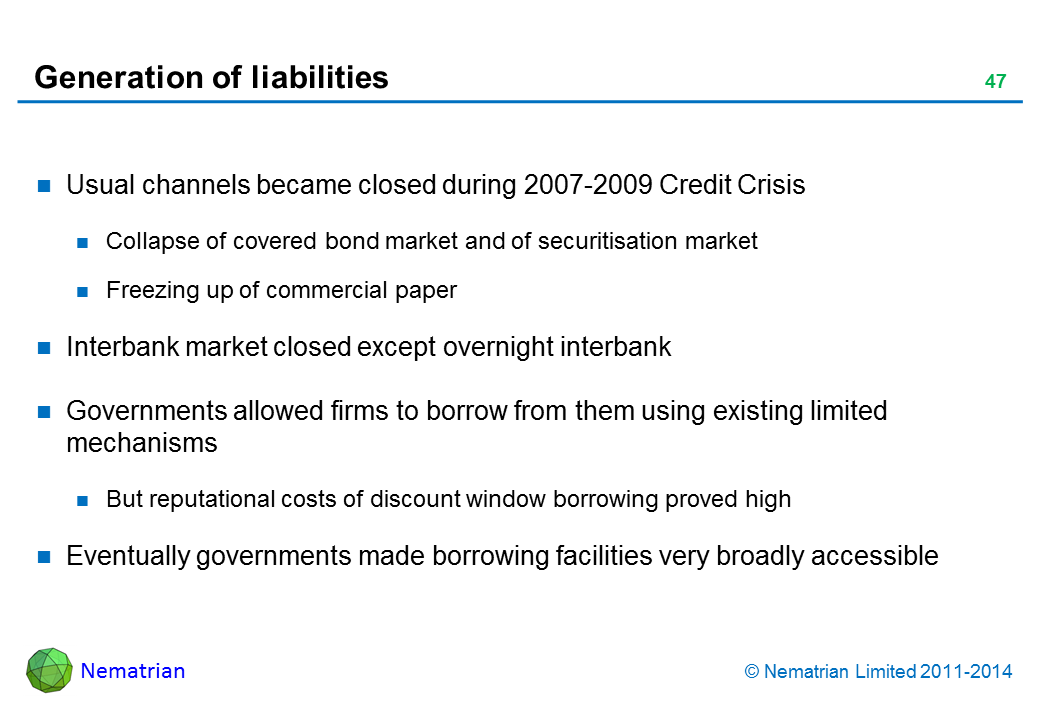 Bullet points include: Usual channels became closed during 2007-2009 Credit Crisis Collapse of covered bond market and of securitisation market Freezing up of commercial paper Interbank market closed except overnight interbank Governments allowed firms to borrow from them using existing limited mechanisms But reputational costs of discount window borrowing proved high Eventually governments made borrowing facilities very broadly accessible