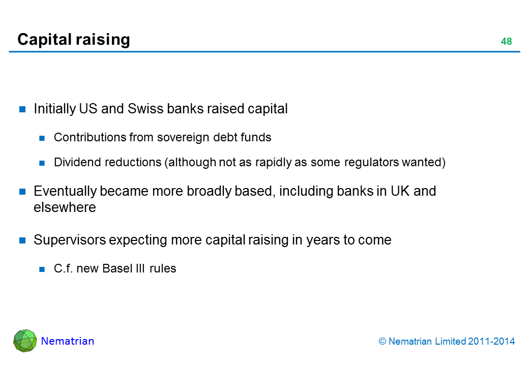 Bullet points include: Initially US and Swiss banks raised capital Contributions from sovereign debt funds Dividend reductions (although not as rapidly as some regulators wanted) Eventually became more broadly based, including banks in UK and elsewhere Supervisors expecting more capital raising in years to come C.f. new Basel III rules