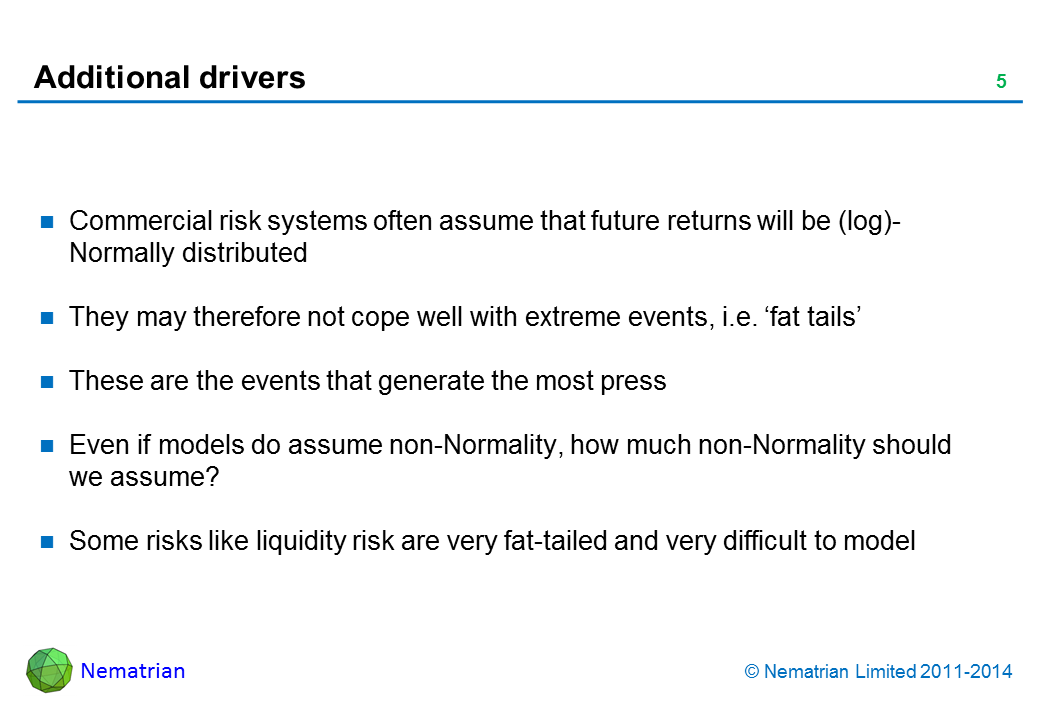 Bullet points include: Commercial risk systems often assume that future returns will be (log)-Normally distributed They may therefore not cope well with extreme events, i.e. ‘fat tails’ These are the events that generate the most press Even if models do assume non-Normality, how much non-Normality should we assume? Some risks like liquidity risk are very fat-tailed and very difficult to model