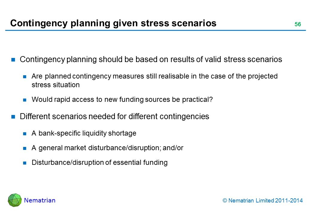 Bullet points include: Contingency planning should be based on results of valid stress scenarios Are planned contingency measures still realisable in the case of the projected stress situation Would rapid access to new funding sources be practical? Different scenarios needed for different contingencies A bank-specific liquidity shortage A general market disturbance/disruption; and/or Disturbance/disruption of essential funding