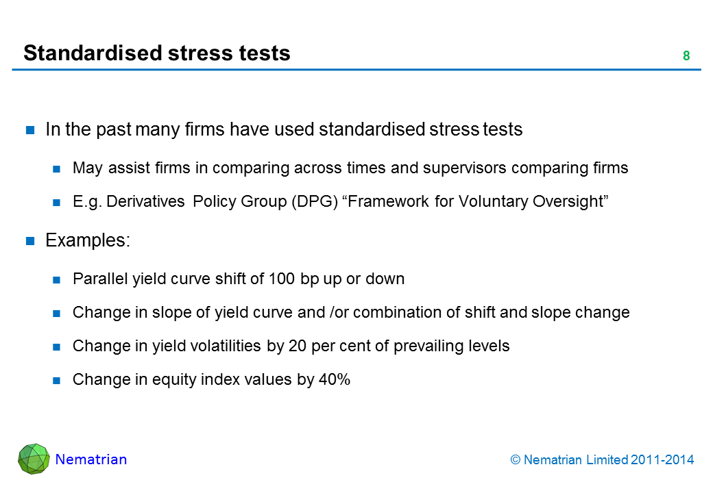 Bullet points include: In the past many firms have used standardised stress tests May assist firms in comparing across times and supervisors comparing firms E.g. Derivatives Policy Group (DPG) “Framework for Voluntary Oversight” Examples: Parallel yield curve shift of 100 bp up or down Change in slope of yield curve and /or combination of shift and slope change Change in yield volatilities by 20 per cent of prevailing levels Change in equity index values by 40%