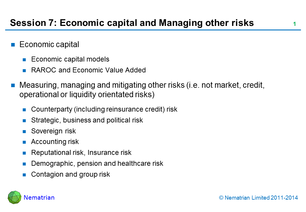 Bullet points include: Economic capital Economic capital models RAROC and Economic Value Added Measuring, managing and mitigating other risks (i.e. not market, credit, operational or liquidity orientated risks) Counterparty (including reinsurance credit) risk Strategic, business and political risk Sovereign risk Accounting risk Reputational risk, Insurance risk Demographic, pension and healthcare risk Contagion and group risk