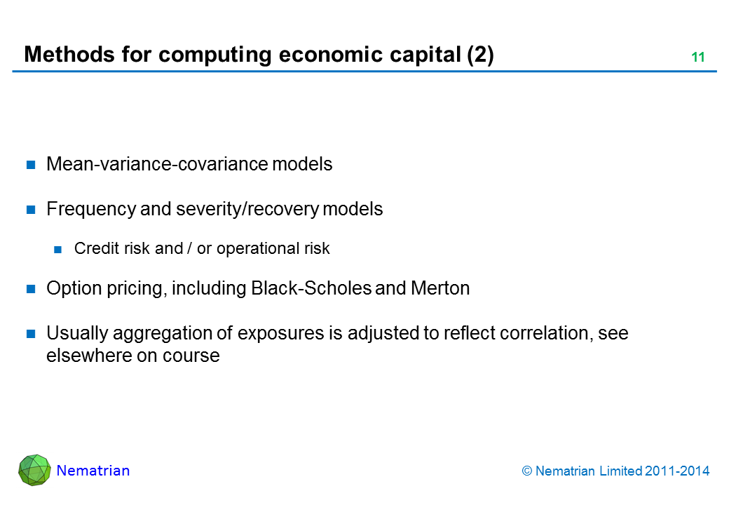 Bullet points include: Mean-variance-covariance models Frequency and severity/recovery models Credit risk and / or operational risk Option pricing, including Black-Scholes and Merton Usually aggregation of exposures is adjusted to reflect correlation, see elsewhere on course