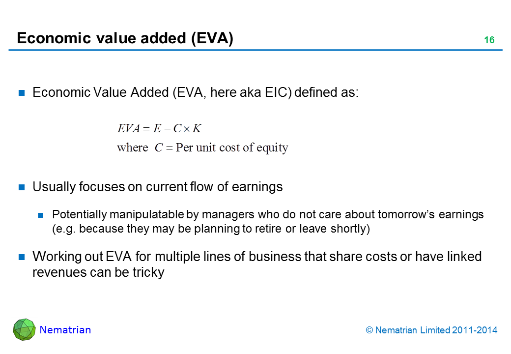 Bullet points include: Economic Value Added (EVA, here aka EIC) defined as: Usually focuses on current flow of earnings Potentially manipulatable by managers who do not care about tomorrow’s earnings (e.g. because they may be planning to retire or leave shortly) Working out EVA for multiple lines of business that share costs or have linked revenues can be tricky