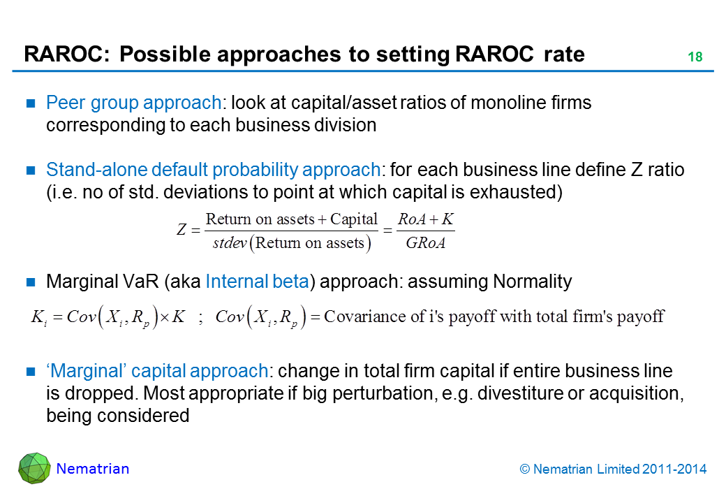 Bullet points include: Peer group approach: look at capital/asset ratios of monoline firms corresponding to each business division Stand-alone default probability approach: for each business line define Z ratio (i.e. no of std. deviations to point at which capital is exhausted) Marginal VaR (aka Internal beta) approach: assuming Normality ‘Marginal’ capital approach: change in total firm capital if entire business line is dropped. Most appropriate if big perturbation, e.g. divestiture or acquisition, being considered