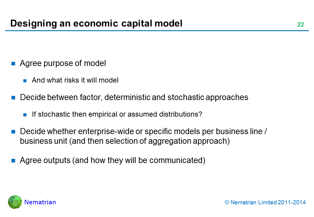 Bullet points include: Agree purpose of model And what risks it will model Decide between factor, deterministic and stochastic approaches If stochastic then empirical or assumed distributions? Decide whether enterprise-wide or specific models per business line / business unit (and then selection of aggregation approach) Agree outputs (and how they will be communicated)