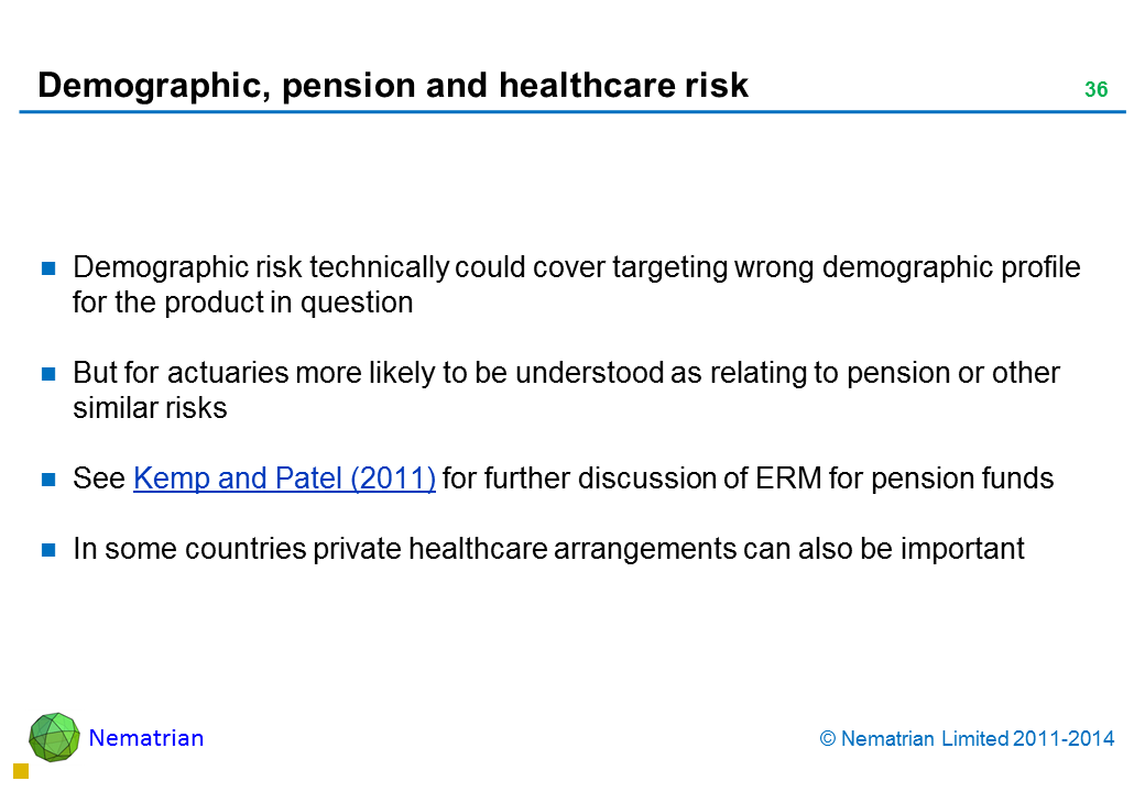 Bullet points include: Demographic risk technically could cover targeting wrong demographic profile for the product in question But for actuaries more likely to be understood as relating to pension or other similar risks See Kemp and Patel (2011) for further discussion of ERM for pension funds In some countries private healthcare arrangements can also be important