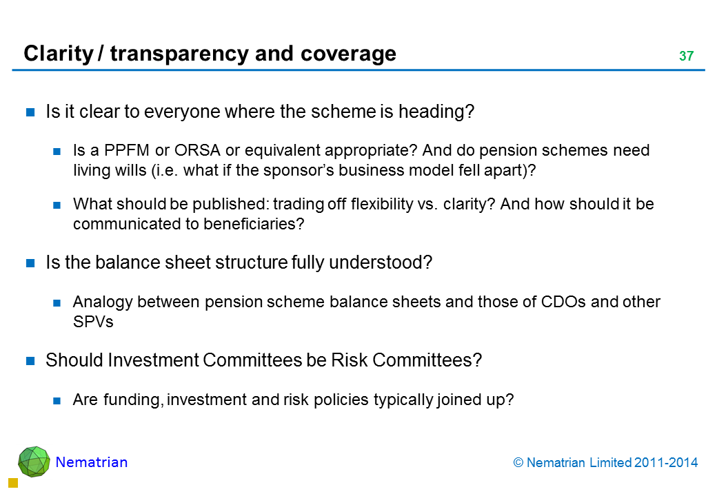 Bullet points include: Is it clear to everyone where the scheme is heading? Is a PPFM or ORSA or equivalent appropriate? And do pension schemes need living wills (i.e. what if the sponsor’s business model fell apart)? What should be published: trading off flexibility vs. clarity? And how should it be communicated to beneficiaries? Is the balance sheet structure fully understood? Analogy between pension scheme balance sheets and those of CDOs and other SPVs Should Investment Committees be Risk Committees? Are funding, investment and risk policies typically joined up?