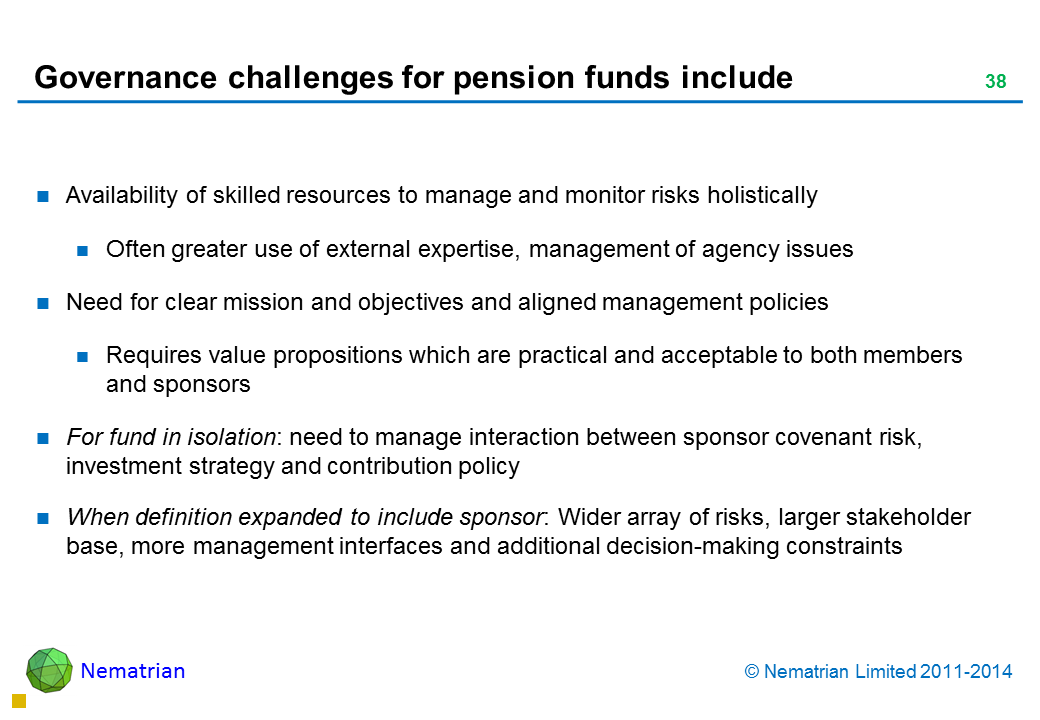 Bullet points include: Availability of skilled resources to manage and monitor risks holistically Often greater use of external expertise, management of agency issues Need for clear mission and objectives and aligned management policies Requires value propositions which are practical and acceptable to both members and sponsors For fund in isolation: need to manage interaction between sponsor covenant risk, investment strategy and contribution policy When definition expanded to include sponsor: Wider array of risks, larger stakeholder base, more management interfaces and additional decision-making constraints