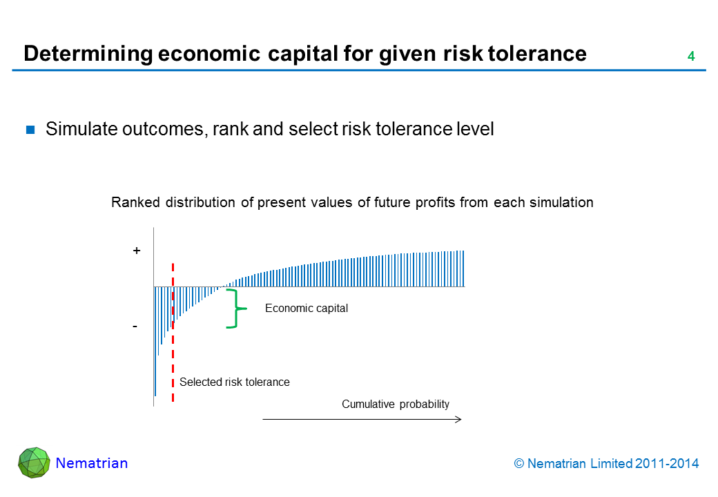 Bullet points include: Simulate outcomes, rank and select risk tolerance level. Ranked distribution of present values of future profits from each simulation