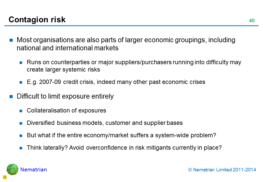 Bullet points include: Most organisations are also parts of larger economic groupings, including national and international markets Runs on counterparties or major suppliers/purchasers running into difficulty may create larger systemic risks E.g. 2007-09 credit crisis, indeed many other past economic crises Difficult to limit exposure entirely Collateralisation of exposures Diversified business models, customer and supplier bases But what if the entire economy/market suffers a system-wide problem? Think laterally? Avoid overconfidence in risk mitigants currently in place?