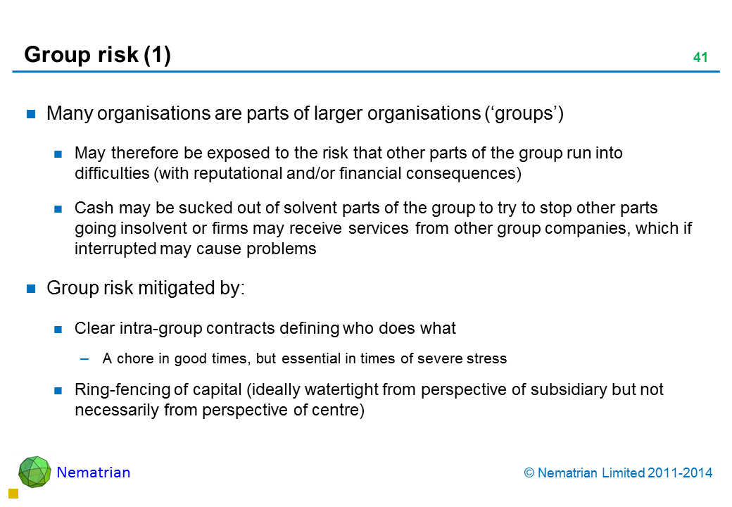 Bullet points include: Many organisations are parts of larger organisations (‘groups’) May therefore be exposed to the risk that other parts of the group run into difficulties (with reputational and/or financial consequences) Cash may be sucked out of solvent parts of the group to try to stop other parts going insolvent or firms may receive services from other group companies, which if interrupted may cause problems Group risk mitigated by: Clear intra-group contracts defining who does what A chore in good times, but essential in times of severe stress Ring-fencing of capital (ideally watertight from perspective of subsidiary but not necessarily from perspective of centre)