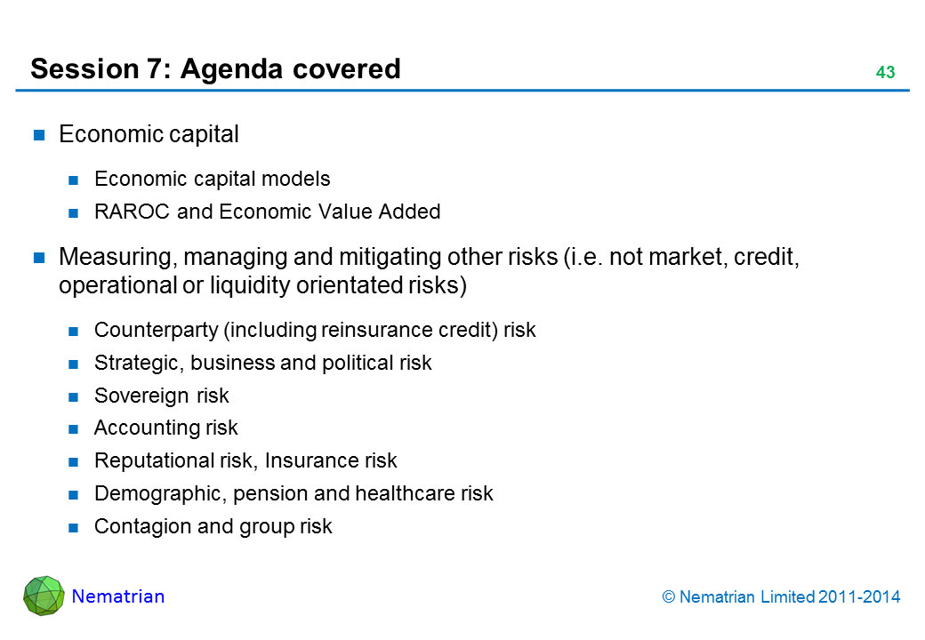 Bullet points include: Economic capital Economic capital models RAROC and Economic Value Added Measuring, managing and mitigating other risks (i.e. not market, credit, operational or liquidity orientated risks) Counterparty (including reinsurance credit) risk Strategic, business and political risk Sovereign risk Accounting risk Reputational risk, Insurance risk Demographic, pension and healthcare risk Contagion and group risk