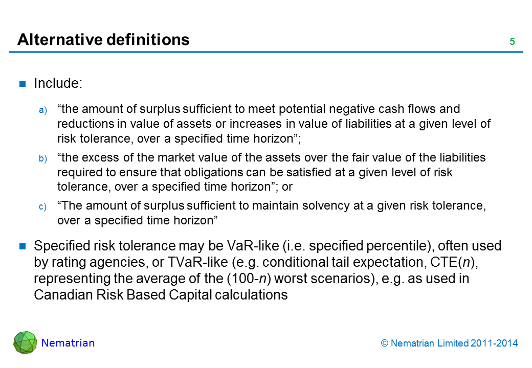 Bullet points include: Include: “the amount of surplus sufficient to meet potential negative cash flows and reductions in value of assets or increases in value of liabilities at a given level of risk tolerance, over a specified time horizon”; “the excess of the market value of the assets over the fair value of the liabilities required to ensure that obligations can be satisfied at a given level of risk tolerance, over a specified time horizon”; or “The amount of surplus sufficient to maintain solvency at a given risk tolerance, over a specified time horizon” Specified risk tolerance may be VaR-like (i.e. specified percentile), often used by rating agencies, or TVaR-like (e.g. conditional tail expectation, CTE(n), representing the average of the (100-n) worst scenarios), e.g. as used in Canadian Risk Based Capital calculations
