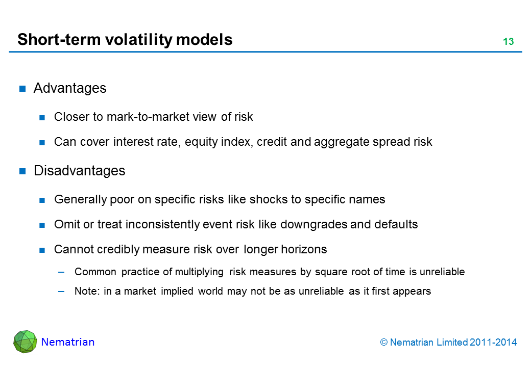 Bullet points include: Advantages Closer to mark-to-market view of risk Can cover interest rate, equity index, credit and aggregate spread risk Disadvantages Generally poor on specific risks like shocks to specific names Omit or treat inconsistently event risk like downgrades and defaults Cannot credibly measure risk over longer horizons Common practice of multiplying risk measures by square root of time is unreliable Note: in a market implied world may not be as unreliable as it first appears