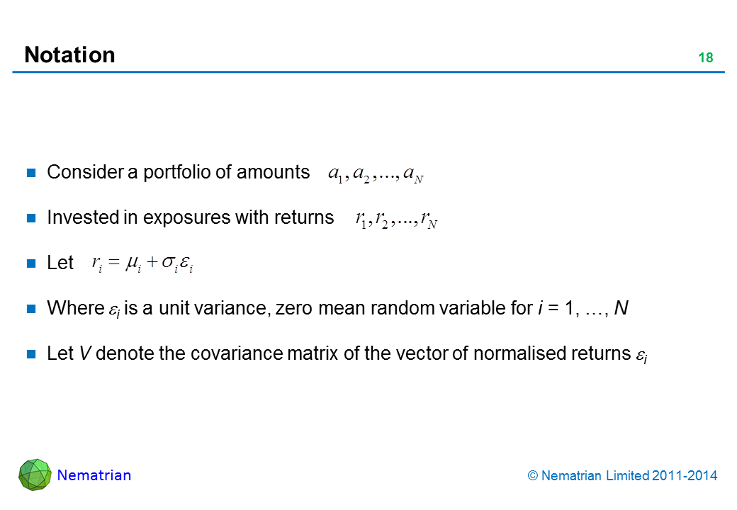 Bullet points include: Consider a portfolio of amounts Invested in exposures with returns Let  Where i is a unit variance, zero mean random variable for i = 1, …, N Let V denote the covariance matrix of the vector of normalised returns i 