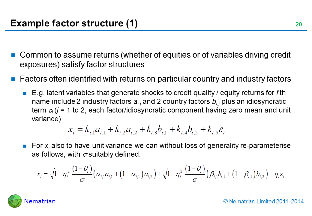 Bullet points include: Common to assume returns (whether of equities or of variables driving credit exposures) satisfy factor structures Factors often identified with returns on particular country and industry factors E.g. latent variables that generate shocks to credit quality / equity returns for i’th name include 2 industry factors ai,j and 2 country factors bi,j plus an idiosyncratic term i (j = 1 to 2, each factor/idiosyncratic component having zero mean and unit variance) For xi also to have unit variance we can without loss of generality re-parameterise as follows, with  suitably defined: