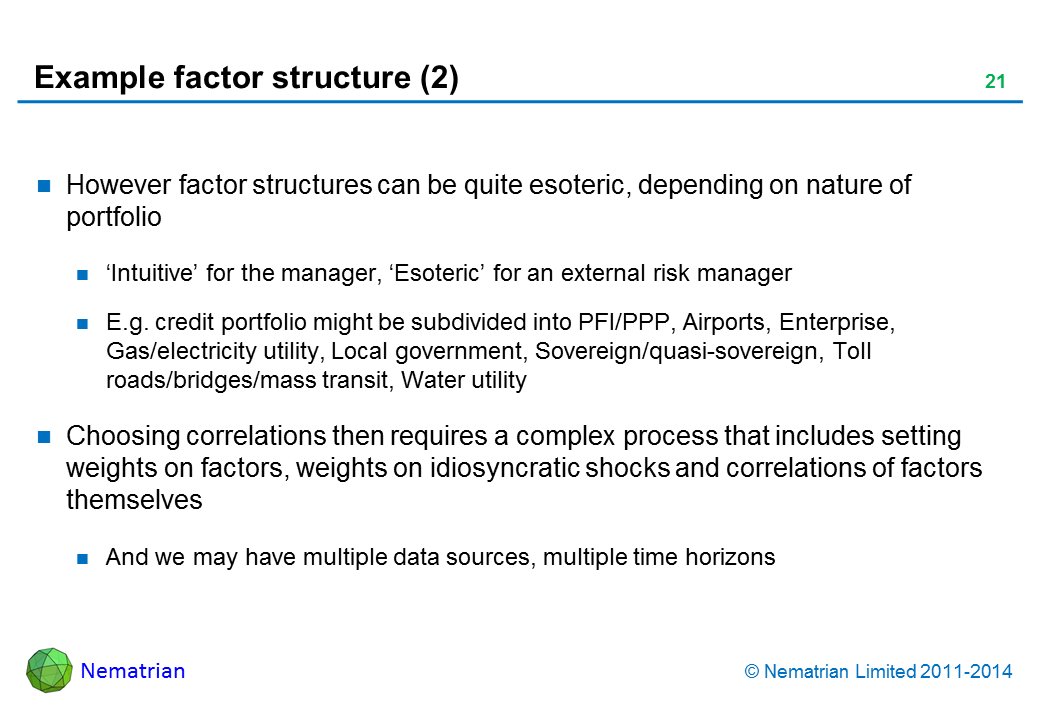 Bullet points include: However factor structures can be quite esoteric, depending on nature of portfolio ‘Intuitive’ for the manager, ‘Esoteric’ for an external risk manager E.g. credit portfolio might be subdivided into PFI/PPP, Airports, Enterprise, Gas/electricity utility, Local government, Sovereign/quasi-sovereign, Toll roads/bridges/mass transit, Water utility Choosing correlations then requires a complex process that includes setting weights on factors, weights on idiosyncratic shocks and correlations of factors themselves And we may have multiple data sources, multiple time horizons