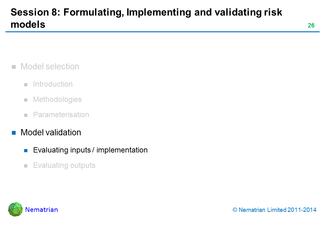 Bullet points include: Model validation Evaluating inputs / implementation