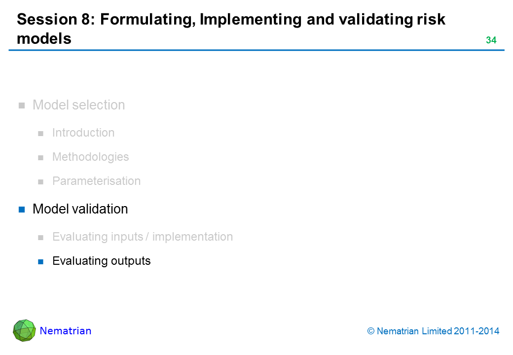 Bullet points include: Model validation Evaluating outputs