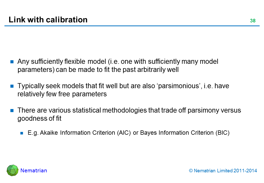 Bullet points include: Any sufficiently flexible model (i.e. one with sufficiently many model parameters) can be made to fit the past arbitrarily well Typically seek models that fit well but are also ‘parsimonious’, i.e. have relatively few free parameters There are various statistical methodologies that trade off parsimony versus goodness of fit E.g. Akaike Information Criterion (AIC) or Bayes Information Criterion (BIC)