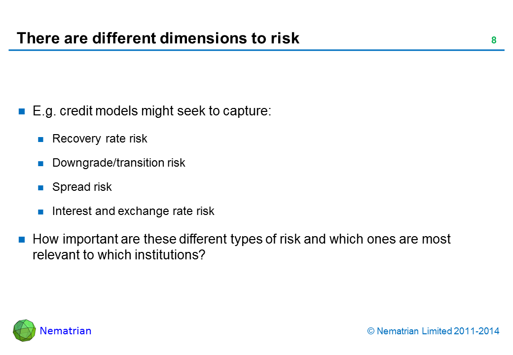 Bullet points include: E.g. credit models might seek to capture: Recovery rate risk Downgrade/transition risk Spread risk Interest and exchange rate risk How important are these different types of risk and which ones are most relevant to which institutions?