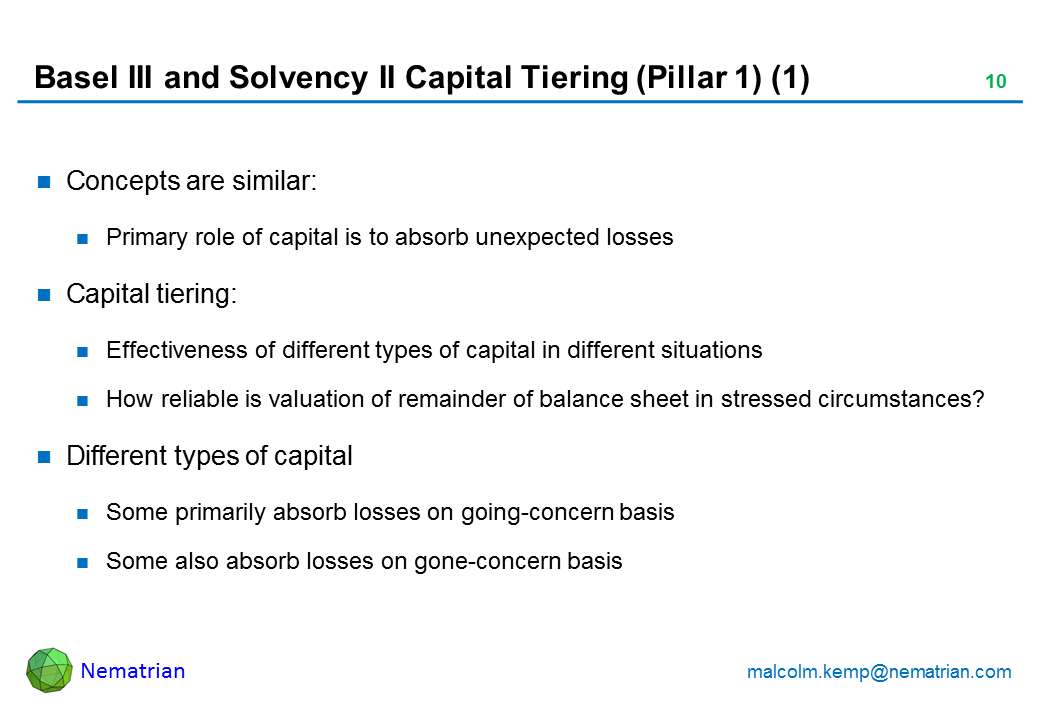 Bullet points include: Concepts are similar: Primary role of capital is to absorb unexpected losses Capital tiering: Effectiveness of different types of capital in different situations How reliable is valuation of remainder of balance sheet in stressed circumstances? Different types of capital Some primarily absorb losses on going-concern basis Some also absorb losses on gone-concern basis