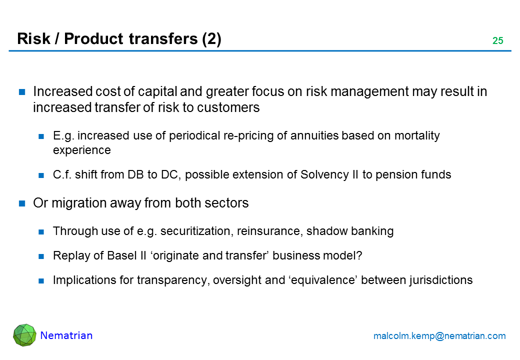 Bullet points include: Increased cost of capital and greater focus on risk management may result in increased transfer of risk to customers E.g. increased use of periodical re-pricing of annuities based on mortality experience C.f. shift from DB to DC, possible extension of Solvency II to pension funds Or migration away from both sectors Through use of e.g. securitization, reinsurance, shadow banking Replay of Basel II 'originate and transfer' business model? Implications for transparency, oversight and 'equivalence' between jurisdictions
