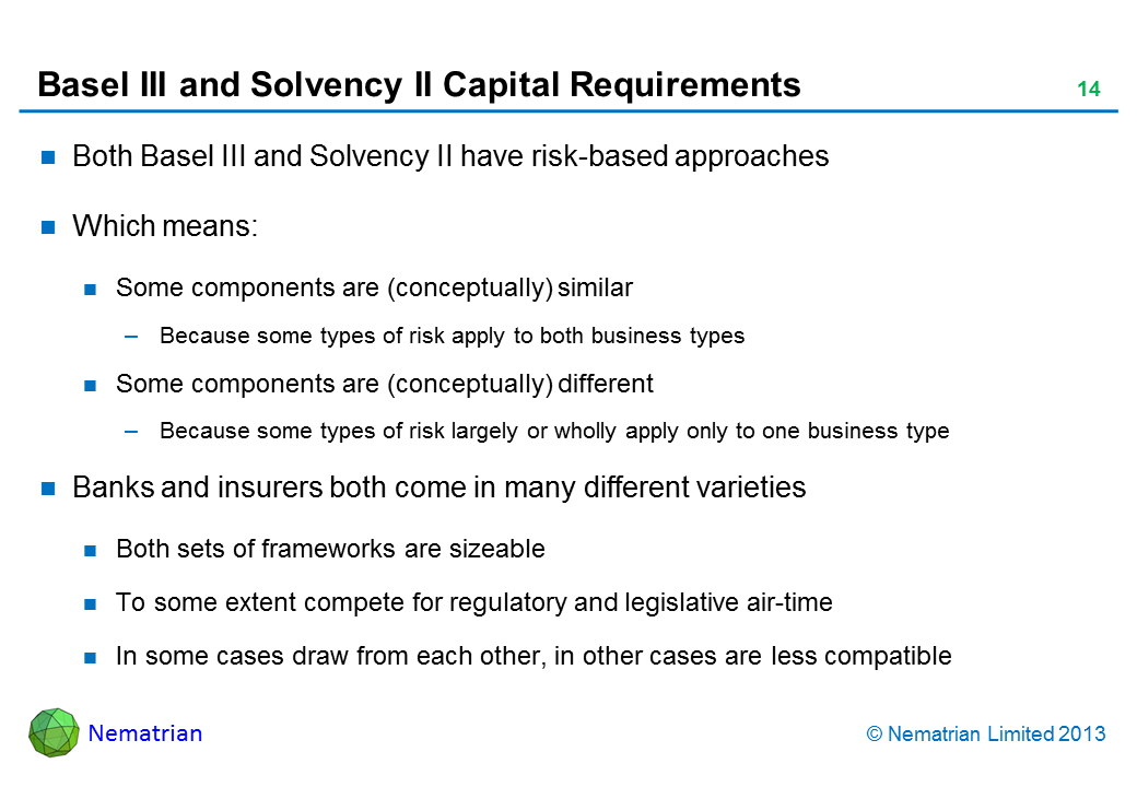 Bullet points include: Both Basel III and Solvency II have risk-based approaches Which means: Some components are (conceptually) similar Because some types of risk apply to both business types Some components are (conceptually) different Because some types of risk largely or wholly apply only to one business type Banks and insurers both come in many different varieties Both sets of frameworks are sizeable To some extent compete for regulatory and legislative air-time In some cases draw from each other, in other cases are less compatible